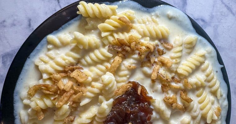 Mustard Gouda and Caramelized Onion Cheddar Mac and cheese recipe